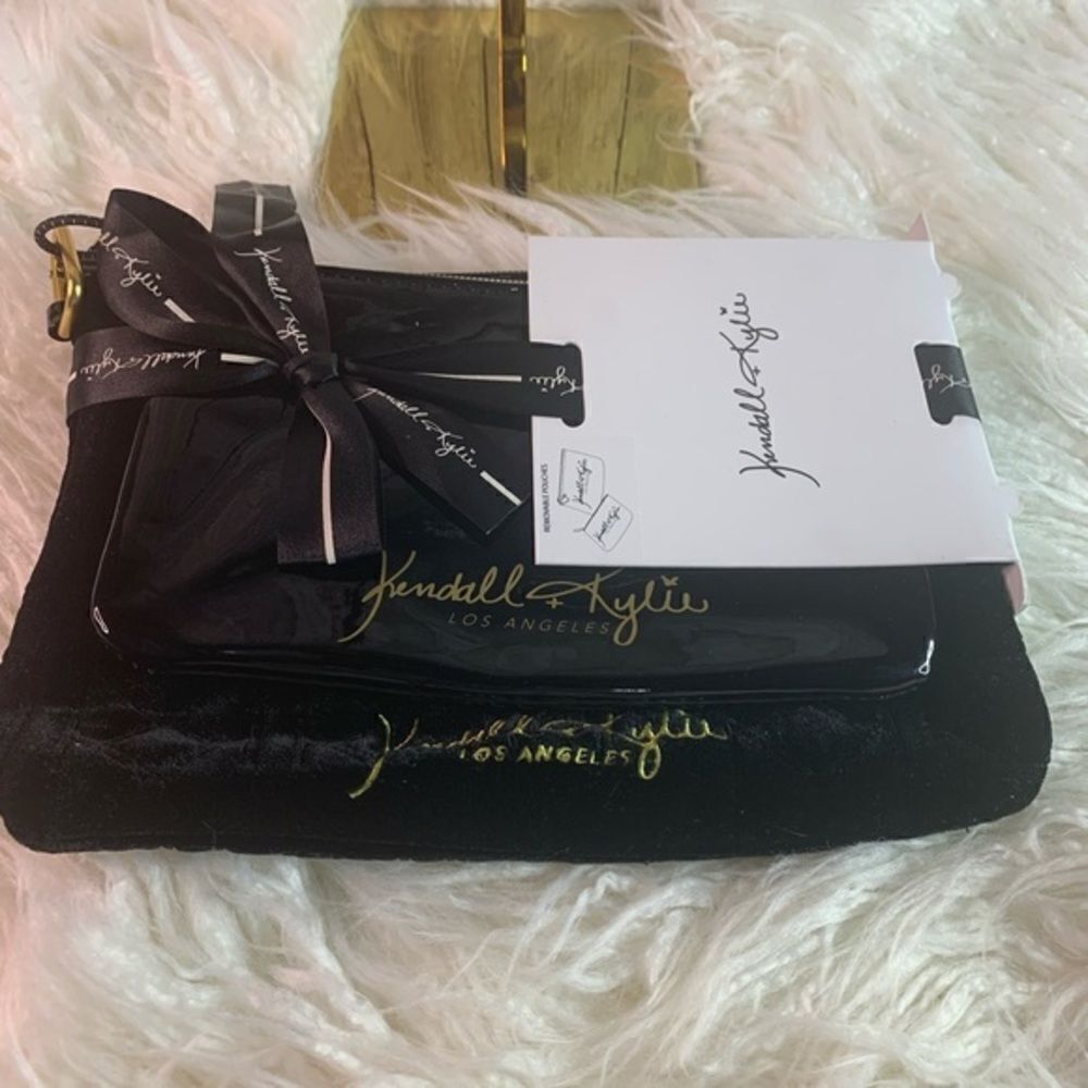 Kendall & Kylie Set of 2 Shiny Makeup Bag with Zip and a Black Velvet Clutch NWT